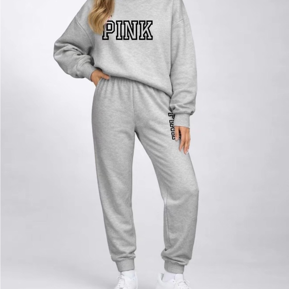 Women’s Pink Letters Print Crewneck Sweatshirt and Drawstring Pants Lt Grey L - Picture 12 of 14